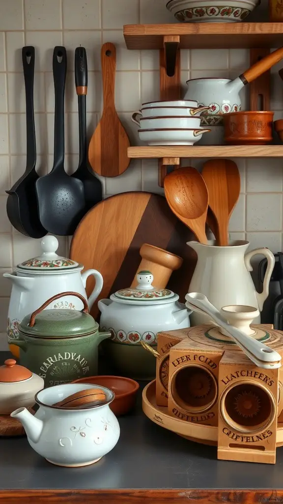 33+ Vintage Farmhouse Kitchen Ideas You'll Love 10 A collection of handcrafted pottery and vintage utensils in a farmhouse kitchen setting.