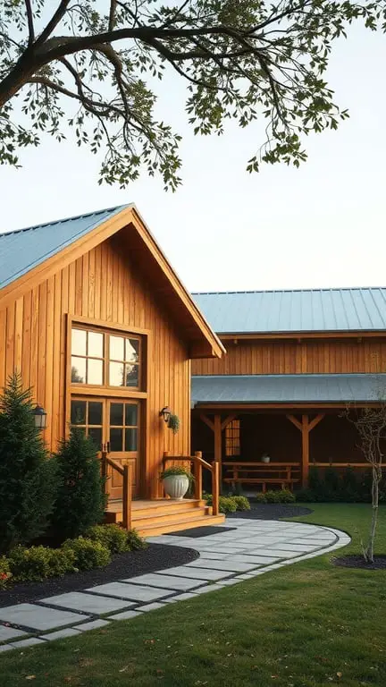 29+ Inspiring Modern Farmhouse Exterior Ideas 16 A modern farmhouse exterior featuring natural wood elements, a metal roof, and a welcoming porch.