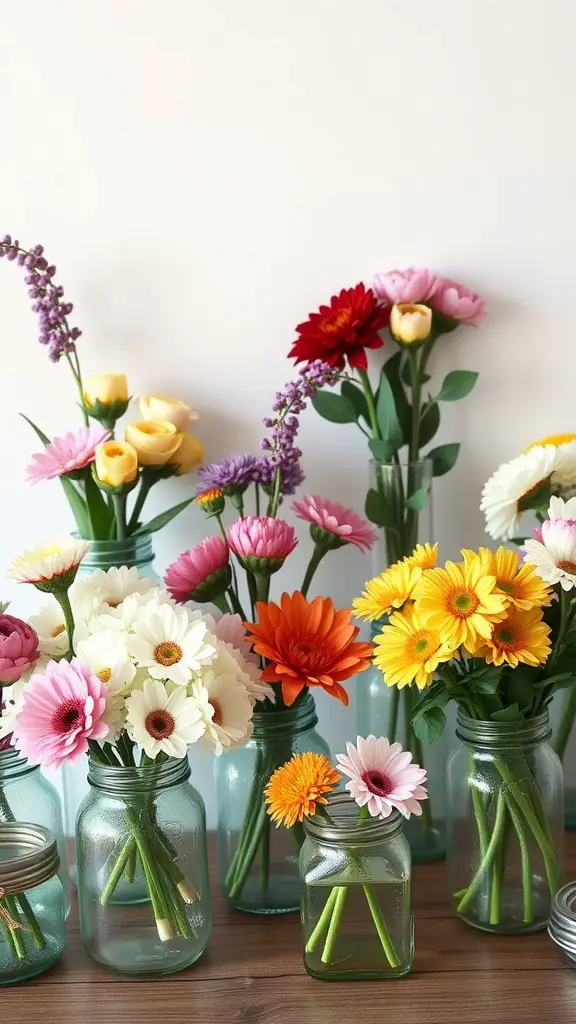 21+ Cottagecore Garden Essentials for a Whimsical Outdoor Retreat 17 A collection of colorful flowers in glass jars arranged on a wooden surface.
