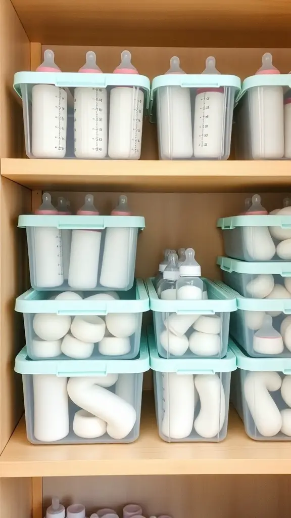 15+ Creative Baby Bottle Organization Ideas for a Clutter-Free Space 6 Stackable storage bins filled with baby bottles on a shelf.