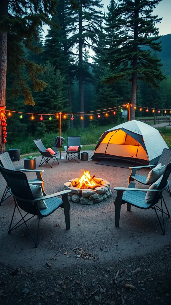 25+ Creative Tent Camping Setup Ideas for Your Next Adventure 14 A cozy camping setup with a fire pit, chairs, and a tent surrounded by trees.