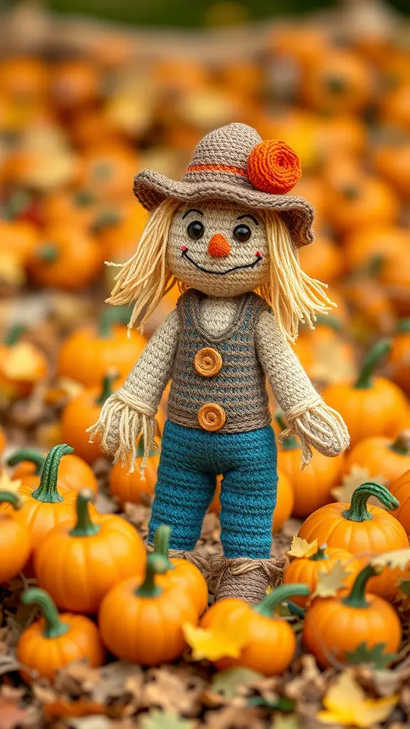 23+ Spooktacular Halloween Crochet Ideas You Need to Try 16 A cheerful crochet scarecrow surrounded by pumpkins