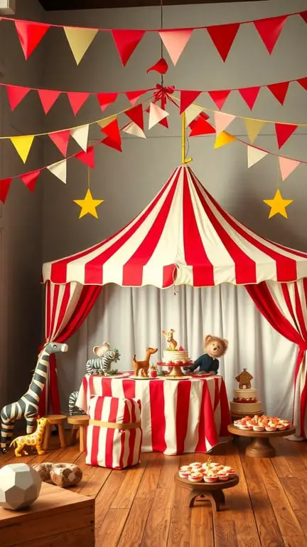 19+ Creative Baby Shower Themes to Celebrate February Babies 15 A vintage circus-themed baby shower setup with a red and white striped tent, colorful bunting, and a table of treats.