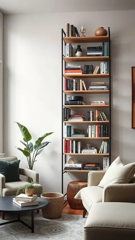 25 Creative Storage Ideas for Small Spaces 9 A modern vertical bookshelf filled with books and decorative items, accompanied by a plant in a cozy living room setting.