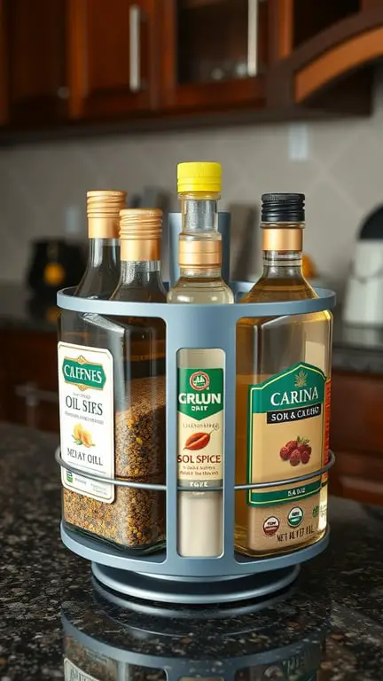 A rotating caddy with various cooking oils and spices on a kitchen countertop.