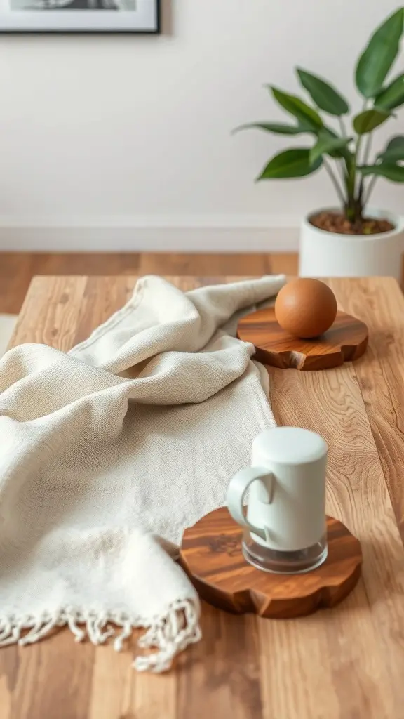 15 Creative Coffee Table Arrangement Ideas to Elevate Your Living Space 11 A coffee table arrangement featuring a soft fabric, wooden coasters, a ceramic mug, and an egg.