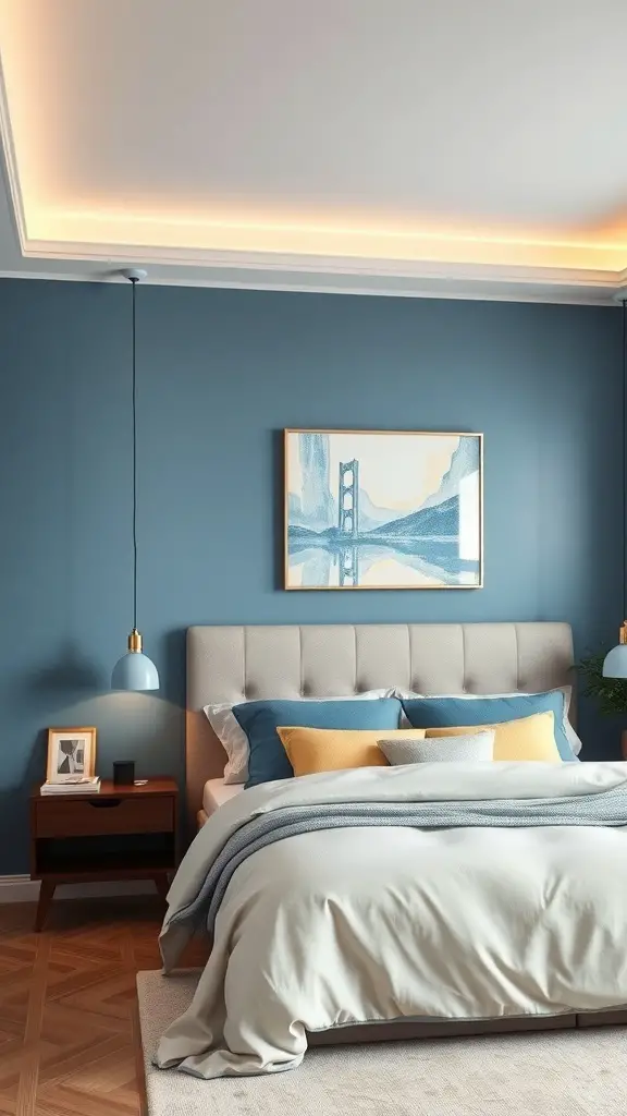 19+ Inspiring Blue and Cream Bedroom Ideas for a Cozy Retreat 18 A blue and cream bedroom featuring stylish lighting fixtures.