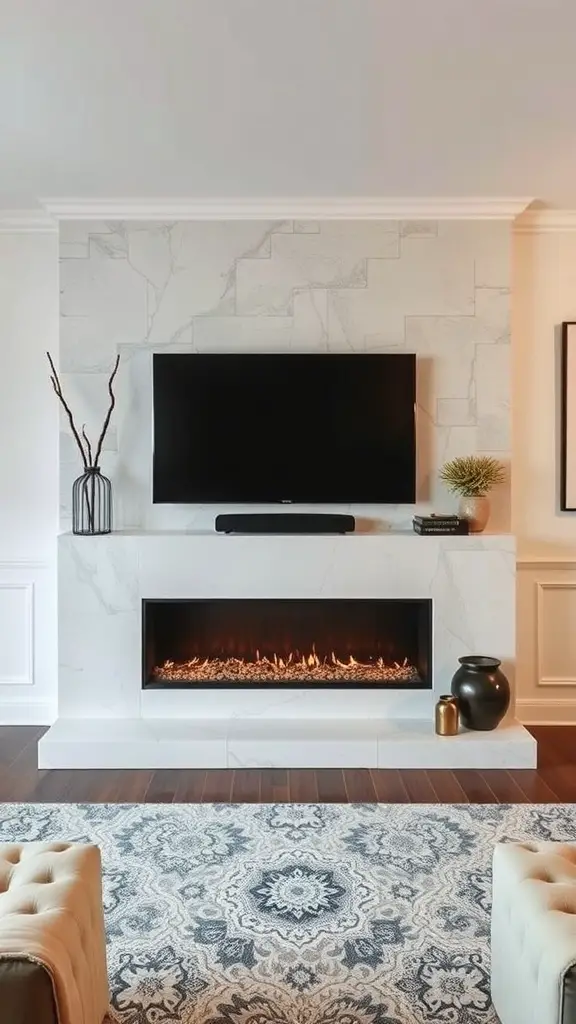 21 Stunning Fireplace TV Wall Ideas for Your Living Room 12 A modern living room featuring a fireplace with a TV mounted above it, surrounded by white marble and stylish decor.