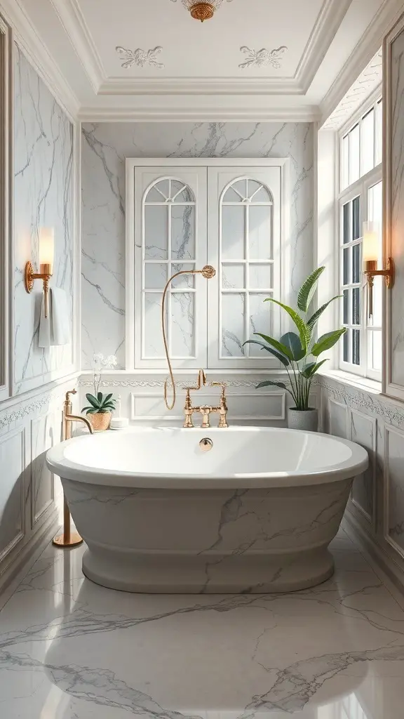 23+ Stunning Ideas for Decorating Your Garden Tub in the Master Bath 10 Luxurious master bath with marble walls and floor, featuring a garden tub and gold fixtures.