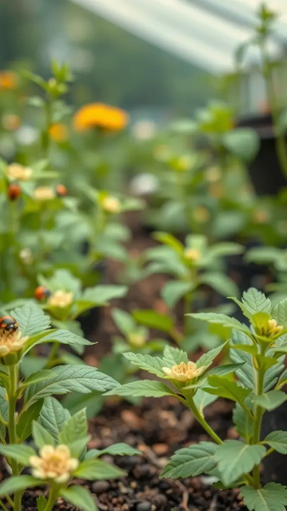 A close-up view of young plants in a nursery, showcasing their green leaves and budding flowers.