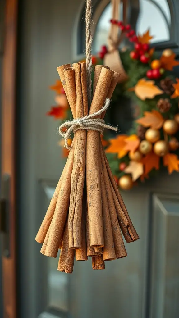 19+ Creative DIY Fall Door Hanger Ideas to Welcome the Season 16 A bundle of cinnamon sticks tied with twine, hanging on a door, surrounded by autumn decorations.