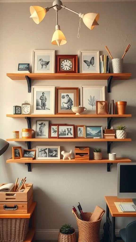 25 Creative Craft Organization Ideas You’ll Love 12 Wall-mounted shelves displaying framed pictures, decorative pots, and a clock.