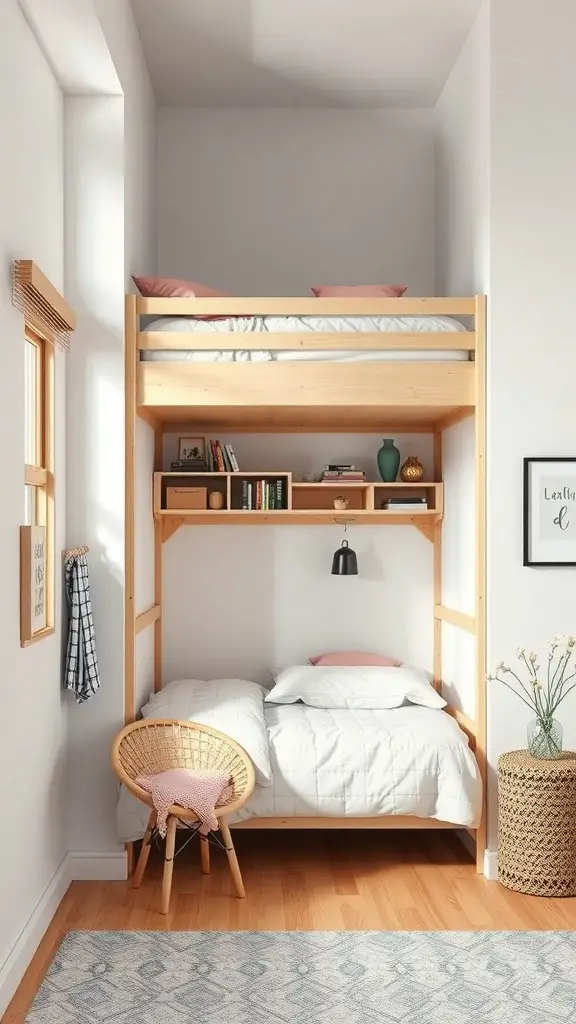 Stylish loft bed with a cozy sitting area underneath in a small room