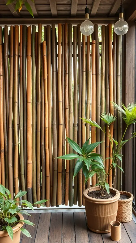 21+ Creative Balcony Privacy Ideas You’ll Love 9 Bamboo fencing on a balcony with potted plants.