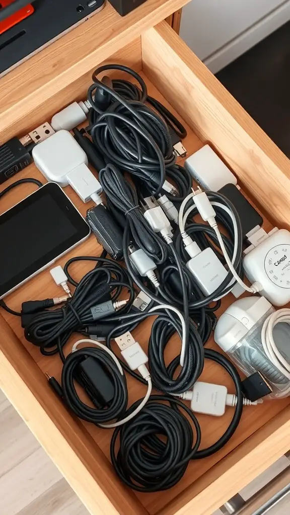 21+ Creative Drawer Organization Ideas for a Clutter-Free Home 14 A cluttered drawer filled with various tech gadgets, cables, and chargers.