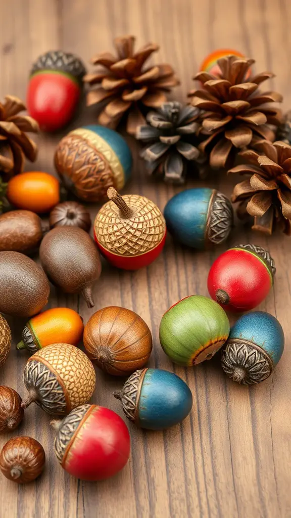 23+ Creative Fall Crafts to Sell This Season 10 Colorful painted acorns and pinecones on a wooden surface