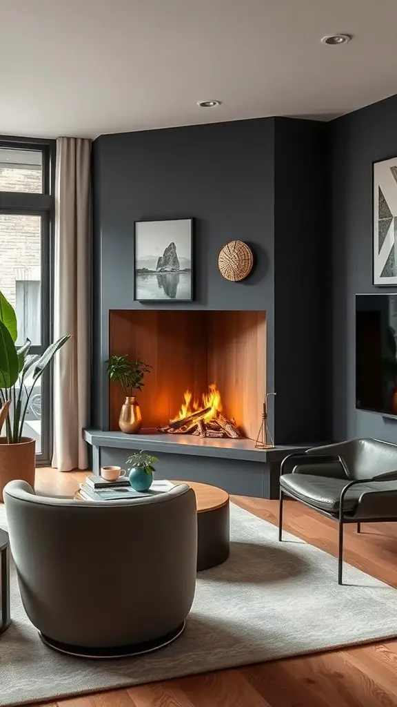 25+ Cozy Living Room Fireplace Ideas for a Warm Atmosphere 17 Modern corner fireplace in a stylish living room with circular chairs and a wooden surround.