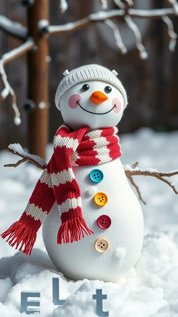 23+ Creative Christmas Crafts for Adults to Try This Holiday Season 10 A cute snowman made from a sock, wearing a red and white scarf, with colorful buttons and a cheerful face.