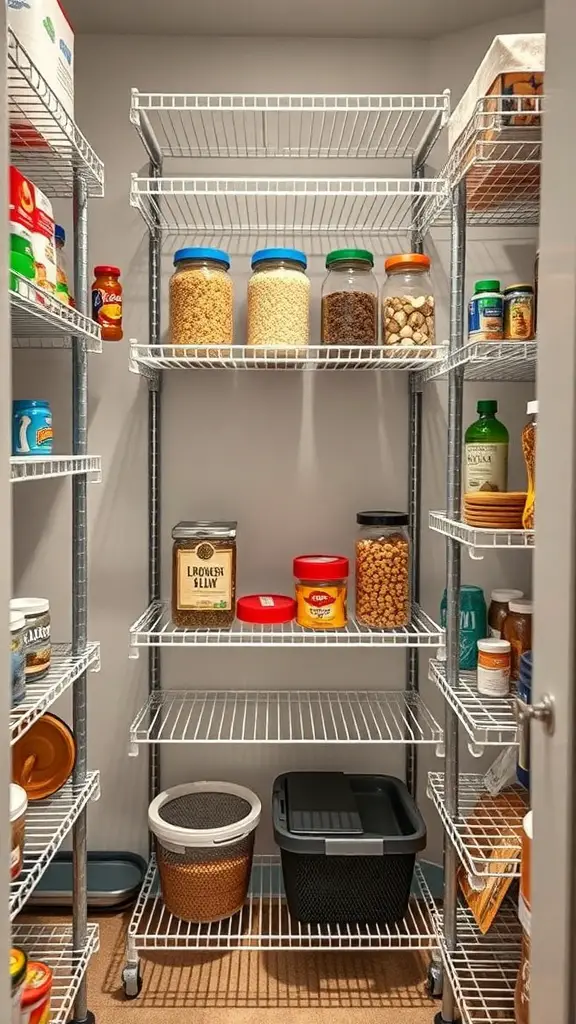 17+ Stylish DIY Pantry Shelf Ideas to Organize Your Space 7 Organized pantry with wire shelving units displaying jars and containers.