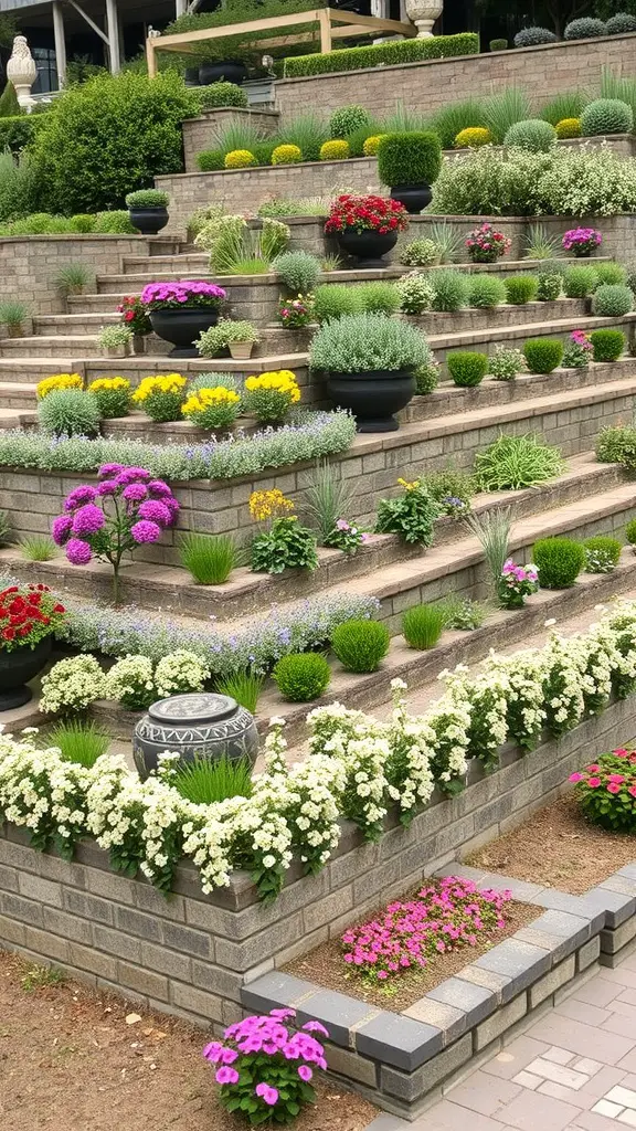 19+ Inspiring Terraced Landscaping Ideas for Your Outdoor Space 6 A terraced garden with various plants and flowers arranged on multiple levels.