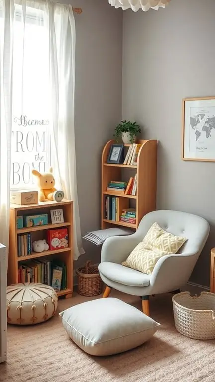 25+ Adorable Newborn Room Ideas to Inspire Your Nursery Design 17 A cozy reading nook with a comfortable chair, bookshelves filled with children's books, and soft lighting.