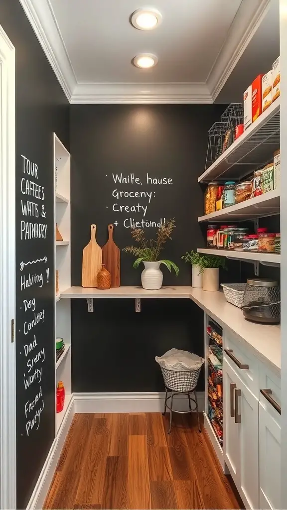 17+ Creative L Shaped Pantry Ideas for Your Kitchen 5 A pantry with a chalkboard wall displaying a grocery list and organized shelves.