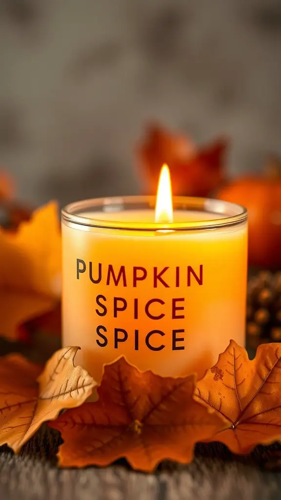 23+ Creative Fall Crafts to Sell This Season 9 A glowing pumpkin spice candle surrounded by autumn leaves.