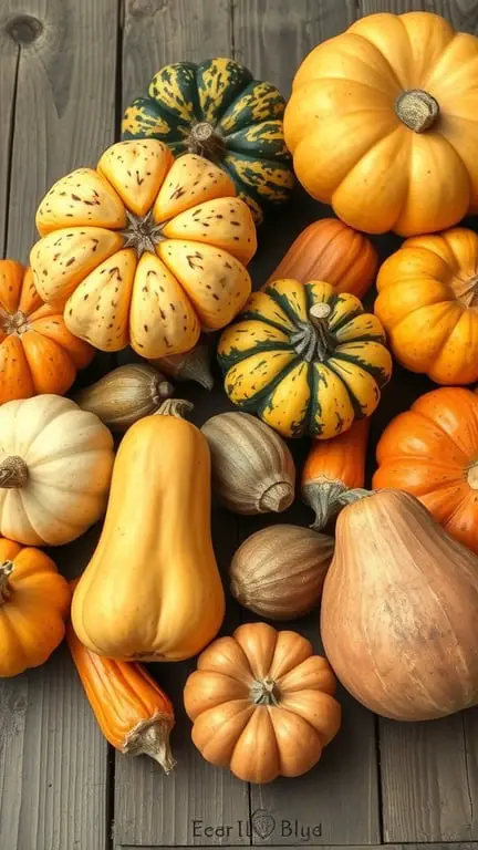19+ Must-Grow Fall Garden Vegetables for a Bountiful Harvest 4 A variety of colorful fall squashes including pumpkins and gourds arranged on a wooden surface.