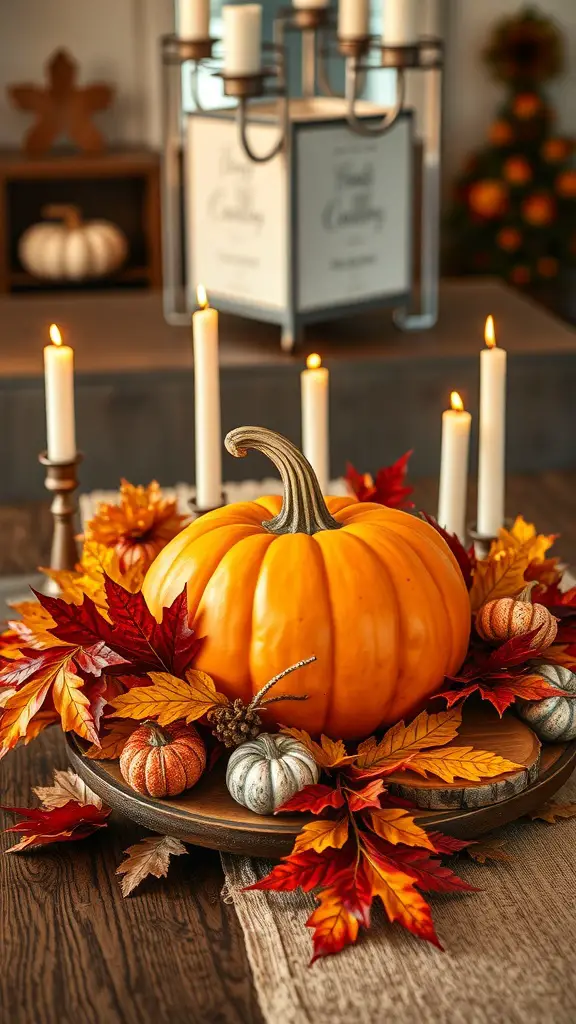 21+ Cozy Fall Decor Ideas from Hobby Lobby 10 A rustic pumpkin centerpiece featuring a large orange pumpkin, smaller pumpkins, autumn leaves, and candles.