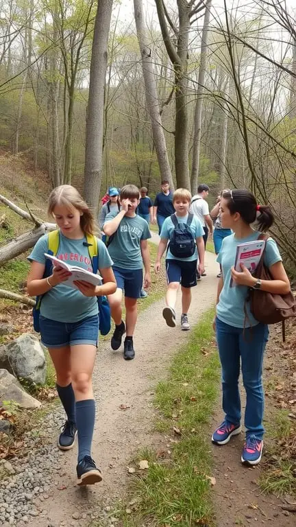 15 Inspiring Outdoor Learning Spaces for Creative Education 12 Students walking on a nature trail, engaged in exploration and learning.