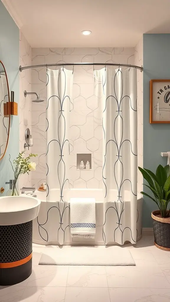 25+ Spa Bathroom Ideas for a Relaxing Retreat at Home 13 A stylish bathroom with a shower curtain featuring a flowing line design, complemented by modern tiles and decor.
