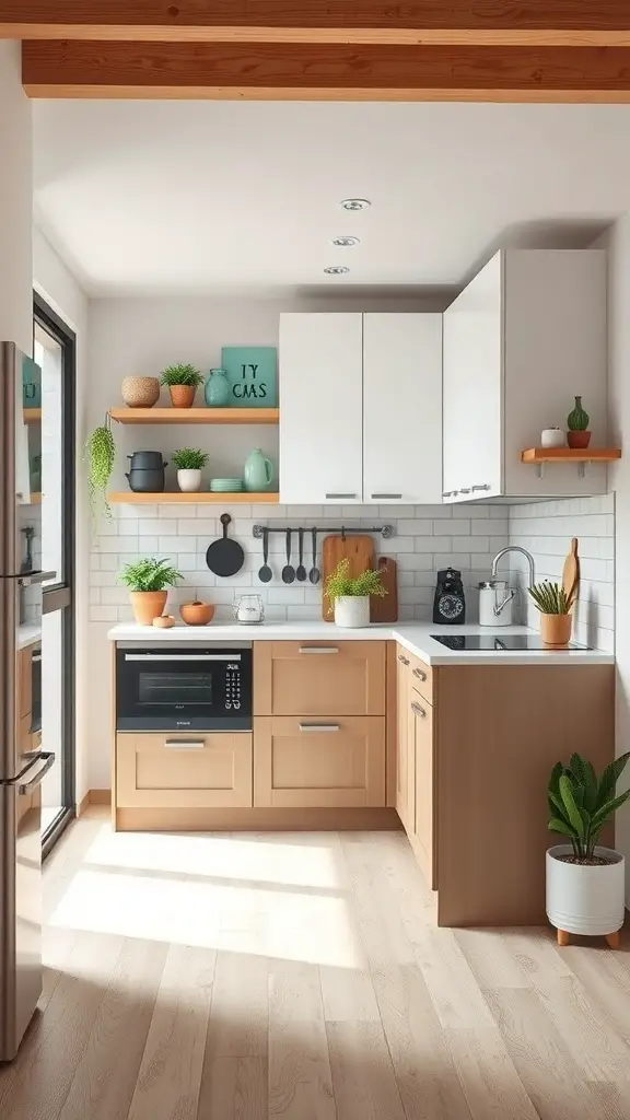 15+ Stunning Green Kitchen Designs You’ll Love 11 A modern kitchen with light wood cabinets, open shelving, and various plants.