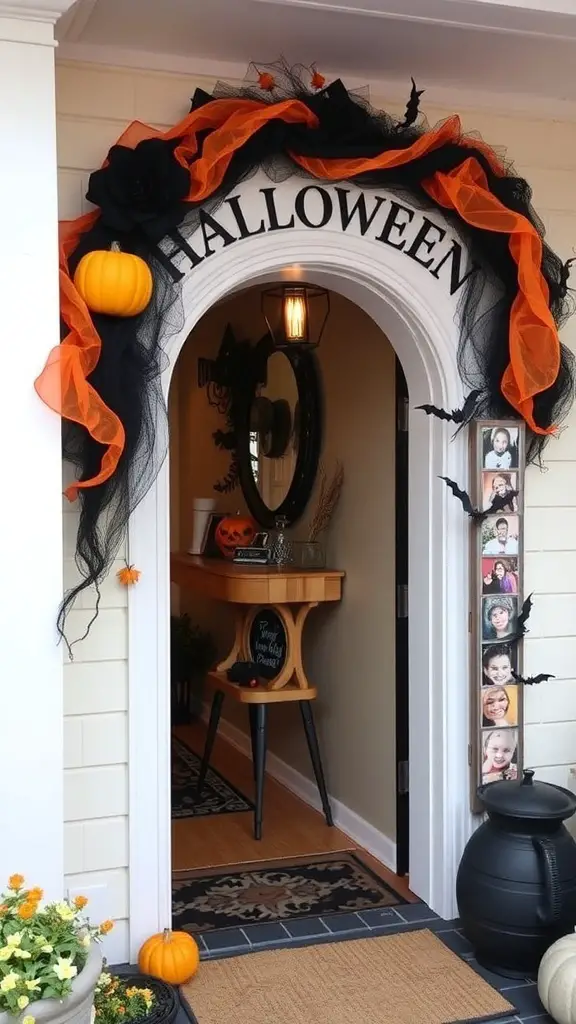 A Halloween archway decorated with bats, pumpkins, and a skull, creating a festive entrance.