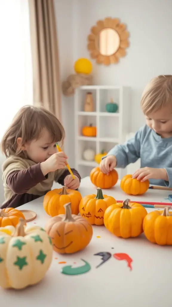 25+ Creative Fall Crafts for Toddlers 7 Two toddlers painting mini pumpkins on a table