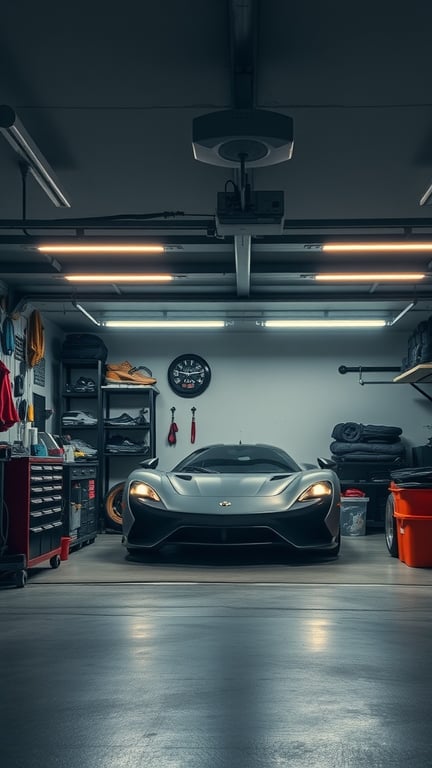 19+ Ultimate Garage Man Cave Ideas You Need to See 9 A sleek car in a well-organized garage with bright overhead lights.