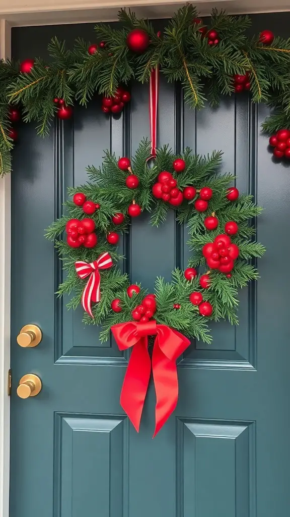 25+ Festive Christmas Craft Ideas to Get You in the Holiday Spirit 4 A festive wreath with red ornaments and a bow on a blue door