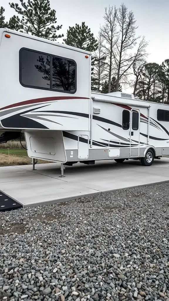 17+ Creative RV Shelter Ideas to Protect Your Home on Wheels 15 An RV parked on a permanent concrete pad surrounded by gravel.