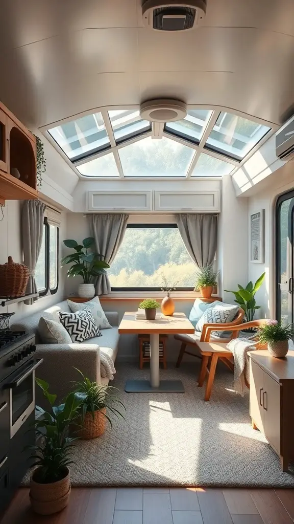 23+ Cozy RV Living Room Ideas for Ultimate Comfort 4 Bright and airy RV living room with large windows and plants