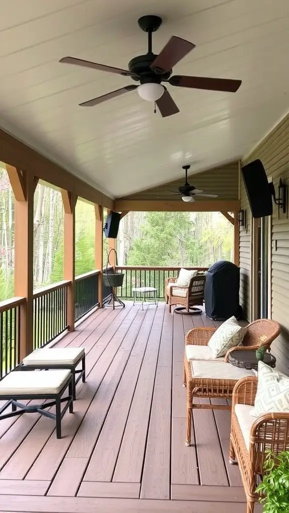 21+ Must-Have Features for Your Covered Deck Oasis 14 A covered deck with a water fountain, surrounded by greenery.