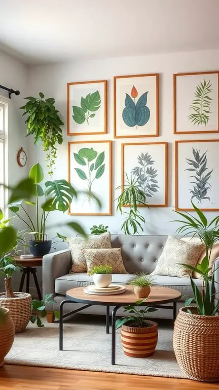 21 Stunning Boho Farmhouse Decor Ideas for a Cozy Home 10 A cozy living room with various plants and botanical wall art.