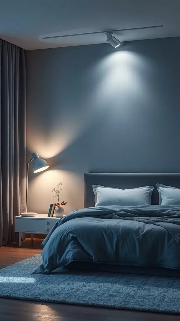 23+ Stunning Blue and Grey Bedroom Ideas You'll Love 2 A cozy blue and grey bedroom with warm lighting from a floor lamp and spotlight.