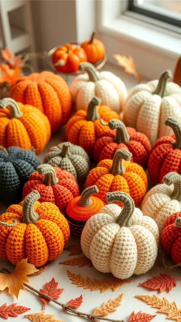 23+ Cozy Fall Crochet Ideas You’ll Love 7 A collection of crocheted pumpkins in various colors and sizes, surrounded by autumn leaves.