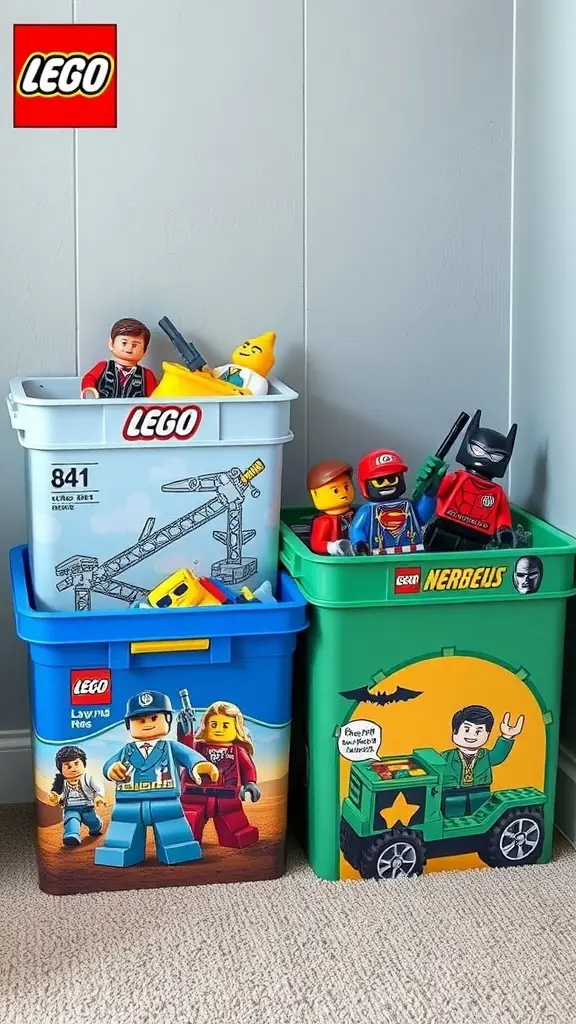 19+ Creative LEGO Organization Ideas for a Tidy Space 8 Colorful LEGO storage bins with various characters and themes.