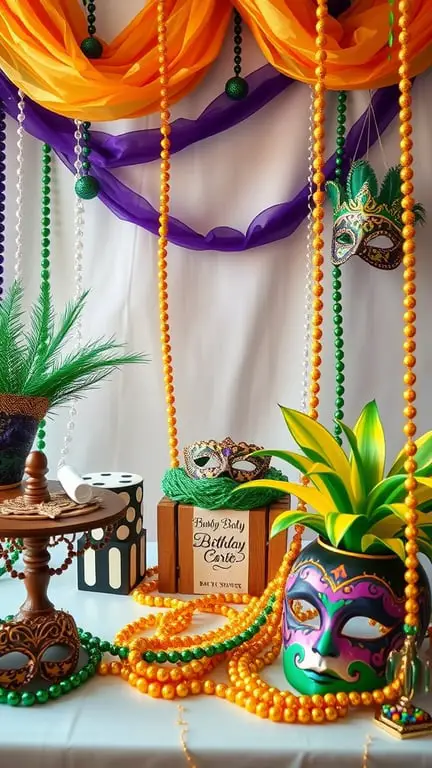19+ Creative Baby Shower Themes to Celebrate February Babies 17 A vibrant Mardi Gras themed baby shower setup with colorful decorations, masks, and beads.