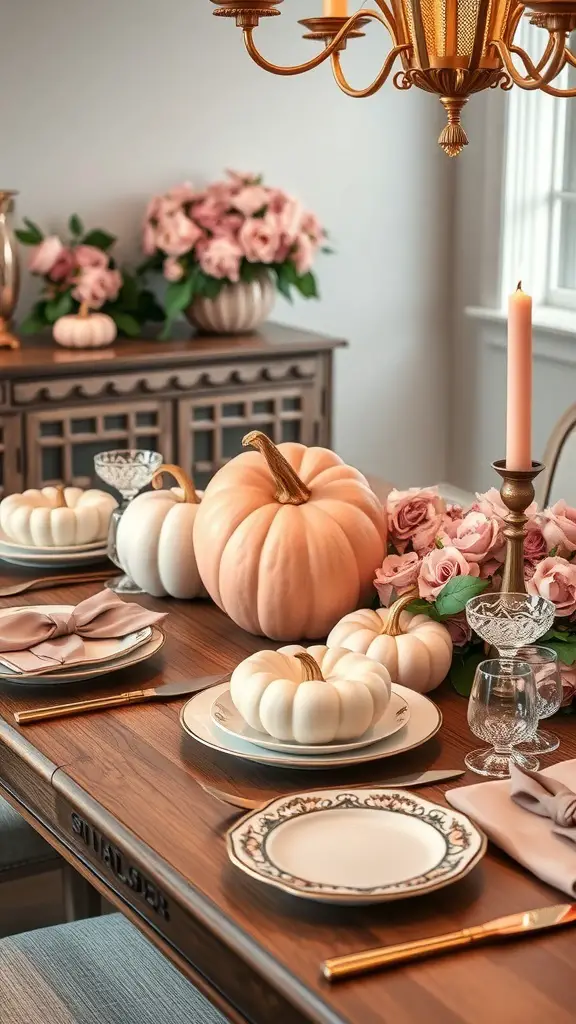 20+ Adorable Pink Pumpkin Baby Shower Ideas 15 A beautifully arranged table setting featuring pink and white pumpkins, floral arrangements, and elegant tableware.