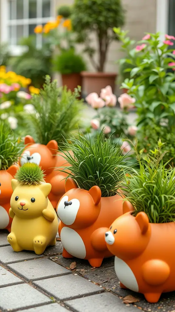 25+ Unique Plant Pot Designs You Need to Try 5 Colorful animal-shaped planters with greenery, featuring a yellow cat and orange bear designs.