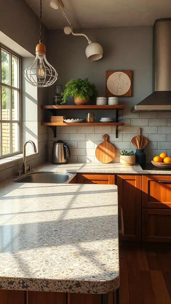 15+ Stunning Green Kitchen Designs You’ll Love 16 A modern kitchen featuring a recycled material countertop, wooden cabinets, and natural light.