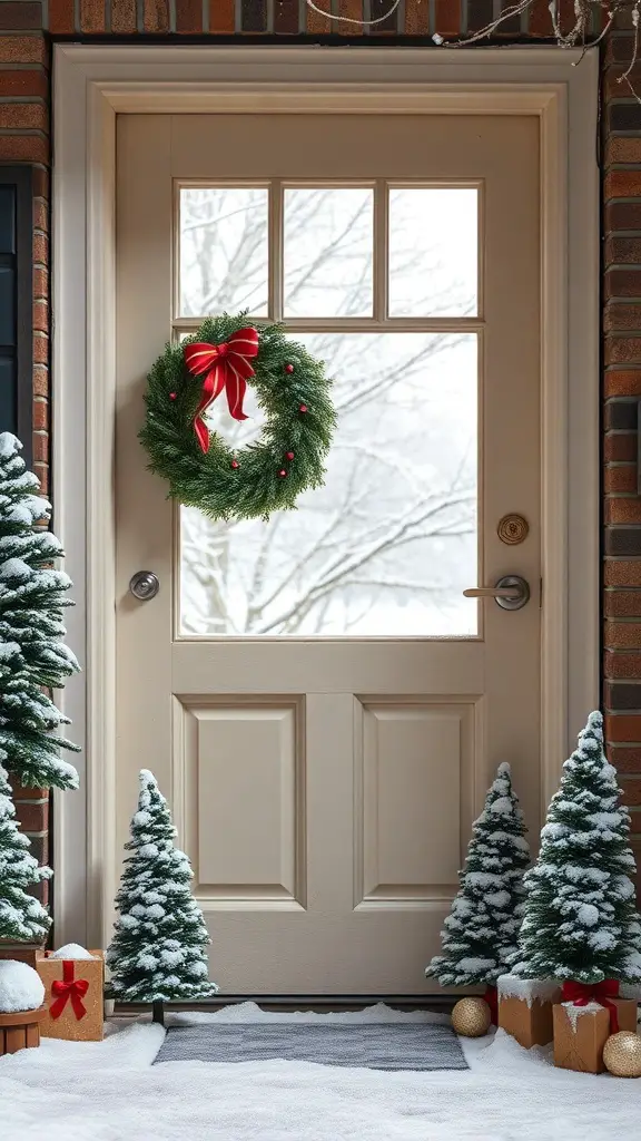 A front door decorated for Christmas with a wreath, snow-covered trees, and gift boxes.