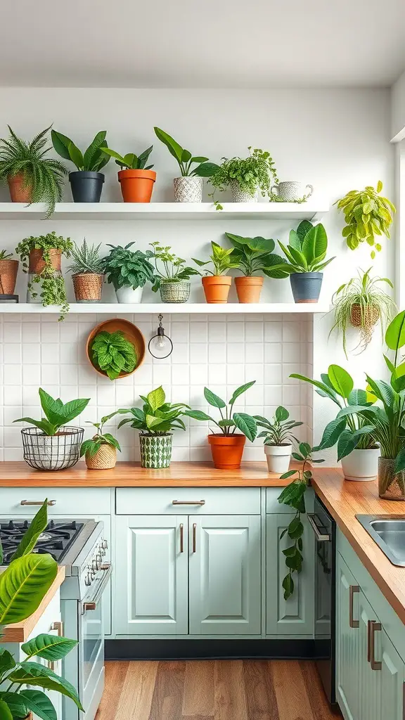 15+ Stunning Green Kitchen Designs You’ll Love 9 A bright kitchen with various indoor plants on shelves and countertops, creating a lively atmosphere.