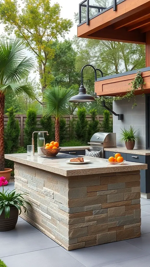 An outdoor grill island featuring a stone base, countertop, and surrounding greenery.